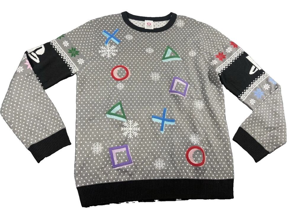 Numskull Playstation Symbols Christmas Gray Black Sweater Size Medium